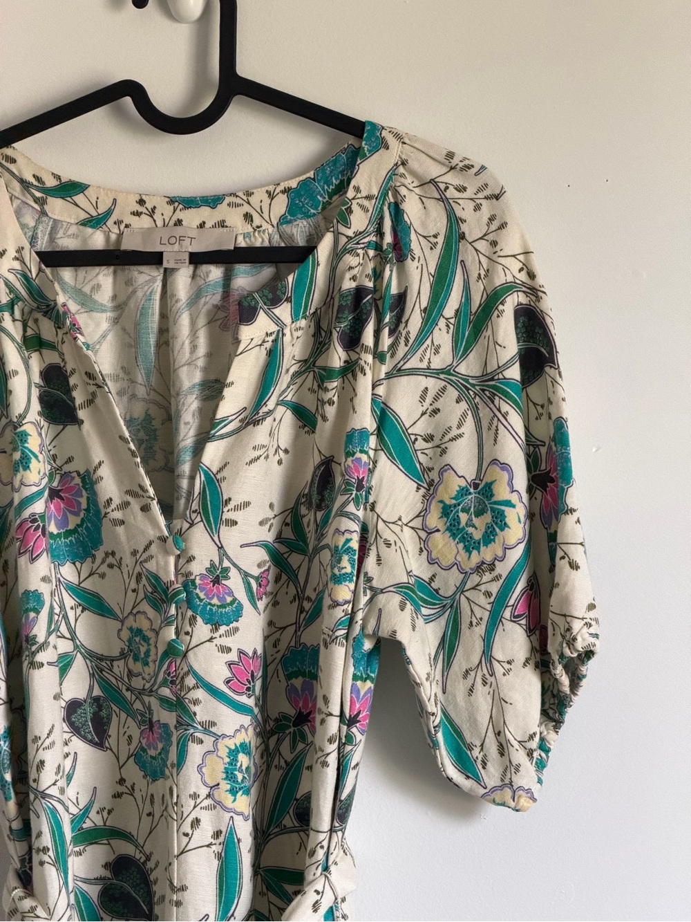 LOFT Cream Floral V-Neck Blouse with Teal & Pink Accents